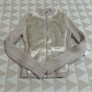 Guess Women's Long Sleeve Fur Mix Zip Front Mila Cardigan Pearl oyster
